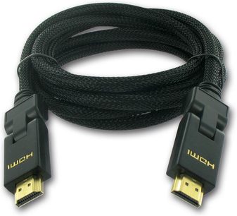 HDMI-kabel Connect Research CR7192 sort, nærbillede af de forgyldte stik, forfra, sort flettet kabel