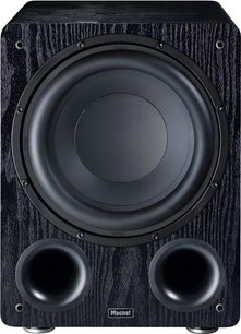 Sort subwoofer Alpha RS 12 med rektangulær front, centralt cirkulært højttalerelement, 2 runde basrefleksporte nederst, tekstureret finish