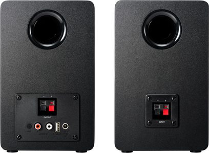 Bezdrátové připojené reproduktory AT-SP3X, pohled zezadu, černý povrch, 2 kruhové porty, 2 připojovací panely s konektory