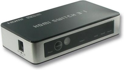 Przełącznik HDMI Connect Research CBH3001, 3 wejścia 1 wyjście, obudowa z metalicznego szarego koloru, widok z przodu i z tyłu