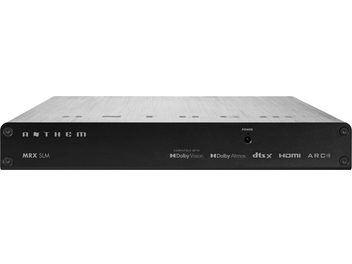 Ampli за домашен кинотеатър MRX-SLM, преден изглед, правоъгълен черен корпус, лога на Dolby Vision, Dolby Atmos, dts:X, HDMI, ARC