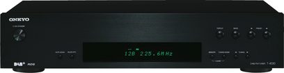 Onkyo T-4030 tuner, sort mat kabinet, grønt display, knapper og stik, set forfra