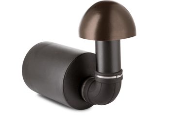 Cassa acustica da esterno GO12SW, vista a tre quarti, corpo cilindrico nero, cupola emisferica marrone, condotto curvo nero