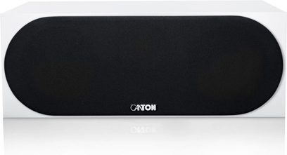 Κεντρικό ηχείο Canton GLE 50 Center S2 λευκό, ορθογώνιο μπροστινό πάνελ με μεγάλη μαύρη ακουστική γρίλια και μπροστινό λογότυπο