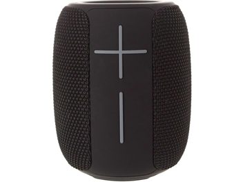 Yourban Getone 25 siyah Bluetooth hoparlör, ön görünüm, silindirik şekil, dokulu yüzey, dikey artı ve eksi düğmeler