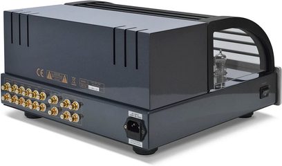 PrimaLuna EVO 300 sort forstærker, frontvisning, 8 vakuumrør, forgyldte RCA-indgange, forsølvede kontrolknapper