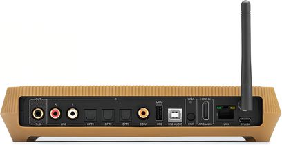 Boxă conectată Triangle Capella 2 stejar, vedere din spate cu conectică audio, HDMI, LAN și antenă Wi-Fi