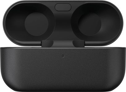 Bezprzewodowe słuchawki hi-fi Bluetooth Technics EAH-AZ100E czarne z otwartym etui ładującym, widok z przodu, wnętrze okrągłe i matowe wykończenie zewnętrzne