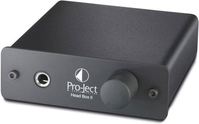 Pro-Ject Head Box II sort hovedtelefon-forforstærker, rektangulært mat sort kabinet, front med hovedtelefonstik, volumenkontrol og indgangsvælger