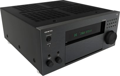 Domácí kino Onkyo TX-RZ70 černé, pohled zepředu, přední panel s displejem, tlačítky a konektory, 2 ovládací knoflíky na pravé straně
