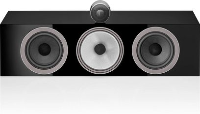 Bowers & Wilkins HTM71 S3 svart lakkert senterkanal, frontvisning, 3 runde høyttalere plassert horisontalt på rekke