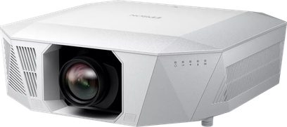 Projetor Epson EH-QL7000 branco, vista de três quartos, lente central, grades de ventilação laterais, botões na lateral