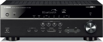 Yamaha RX-V485 sort hjemmebiografsforstærker, frontpanel, frontvisning, "Bluetooth"-display, knapper og kontrolhjul