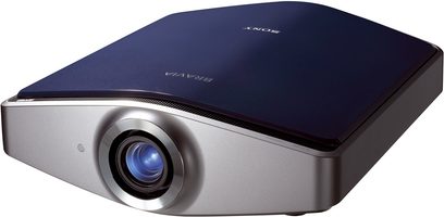 Sony VPL-VW200 videoprojektor i mørkeblå, set forfra og ovenfra, centreret linse, afrundet rektangulær form
