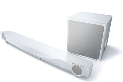 Yamaha YAS-201 barra audio bianca e subwoofer, visti di fronte e di lato su sfondo bianco, forme rettangolari allungate