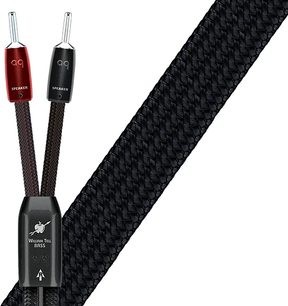Audioquest William Tell Bass højttalerkabler, røde og sorte bananstik, sort flettet kabelkappe, nærbillede