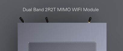 WIFI MIMO 2R2T dobbeltbåndsmodul til medieafspiller, frontvisning, 3 sorte antenner på gråmetallic panel