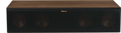 Centrální reproduktor Klipsch RC-64 III v ořechovém provedení, pohled zepředu, obdélníková skříň z tmavého dřeva, černá přední mřížka
