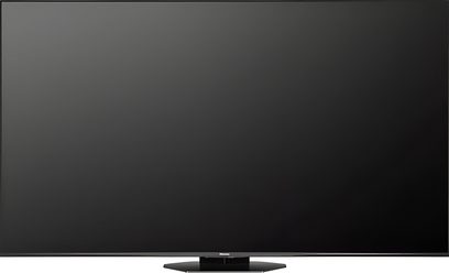 Hisense 75U8Q fekete televízió, vékony keretű üveg kijelzővel, középen elhelyezkedő trapéz alakú állványon, előlről nézve