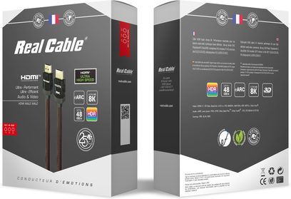 Câble HDMI Real Cable HD-E48 2.1 с позлатени конектори, правоъгълна сива опаковка с многоезични и цветни текстове и лога