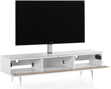 Móvel audiovisual Sonorous STA361 branco em madeira lacada e metal, visto de frente, equipado com suporte central metálico para TV, porta frontal basculante em madeira clara aberta revelando três compartimentos com passagens circulares para cabos, apoiado sobre quatro pés finos