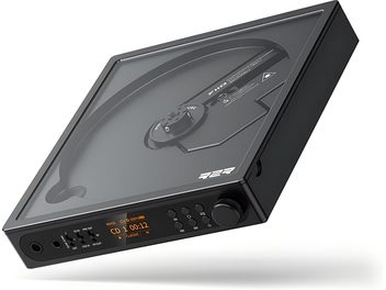 Odtwarzacz CD hi-fi FiiO DM15 R2R czarny, przezroczysta pokrywa, pomarańczowy ekran i pokrętło w ujęciu z trzech czwartych