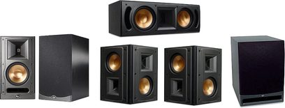 Klipsch RB-61 II sort højtalerpakke i sort: 2 gulvhøjtalere, 2 reolhøjtalere og 1 centerhøjttaler, set forfra
