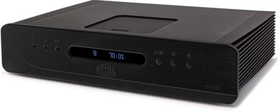 CD player high-fidelity Atoll Electronique CD400 Evolution negru din aluminiu periat, vedere din față-dreapta în unghi, afișaj digital albastru central, șase butoane rotunde dispuse pe panoul frontal, laterale cu fante de ventilație și tavă top-loading încastrată în partea superioară