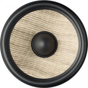 Frontvue af Focal Dôme Flax sort højttaler, beige linmembran i sort cirkulær ramme