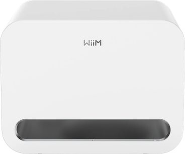 WiiM Sub Pro hvit subwoofer, frontvisning, firkantet kabinett med avrundede hjørner og svart frontåpning