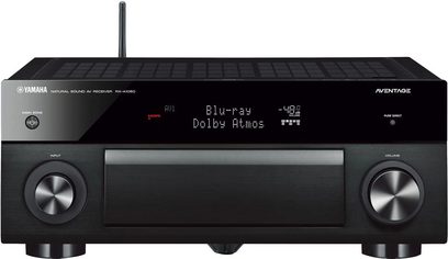 Yamaha RX-A1060 sort hjemmebiograf-forstærker, frontpanel med skærm, knapper, porte, ventilationsgitter