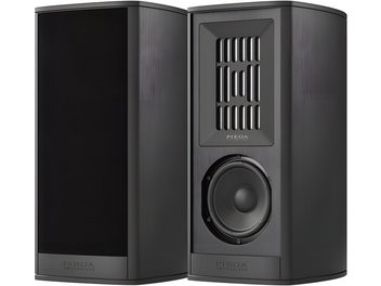 Coppia di diffusori da scaffale Piega Coax 411 neri, cabinet in alluminio, frontale misto con griglia in tessuto e tweeter a nastro più woofer