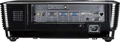 Optoma EX776 videoprojektor, bagside, audio/video-tilslutninger, VGA-, HDMI-, DVI-D-, RS232-, RJ45-, USB-porte, 12V ind-/udgang