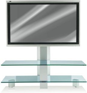 Erard Kubik 2443 TV-møbel i glas og metal, 3 hylder, fladskærm på centralt stativ, frontvisning i sort og hvid