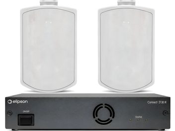 Elipson Connect 2130 Xi audio bundle with two white speakers with front grille, front view