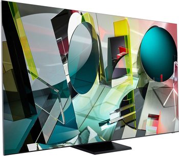 Samsung QE85Q950TS flatscreen-tv, vooraanzicht, met een abstracte, kleurrijke compositie van geometrische vormen op het scherm