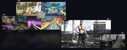 Proyector Optoma UHD35 negro con capturas de pantalla de videojuegos proyectadas en diferentes superficies y ángulos de visión