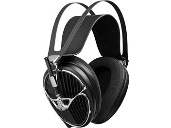 Cuffie hi-fi Meze Audio nere con doppio archetto e padiglioni ovali con griglia argentata viste di tre quarti