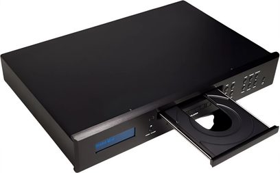 Aukštos raiškos garso juodos spalvos CD grotuvas „Bryston BCD-3“, atidarytas disko stalčius, priekinis skydelis su mėlynu ekranu ir šoniniais valdikliais