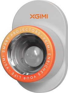 Вид отпред на светлосив пластиков видеопроектор XGIMI MoGo 4 с матов повърхност, централна изпъкнала леща, заобиколена от оранжев градиентен пръстен с отпечатан текст