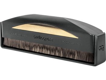 Antistatic brush for vinyl Audioquest, black rectangular structure, gold insert, fine gray bristles, side perspective view