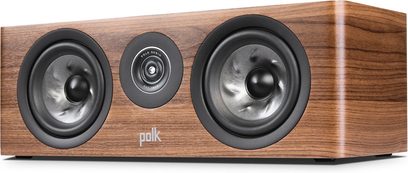 Diffusore centrale Polk Audio R300 in noce, vista frontale, 2 altoparlanti circolari neri su cabinet rettangolare in legno