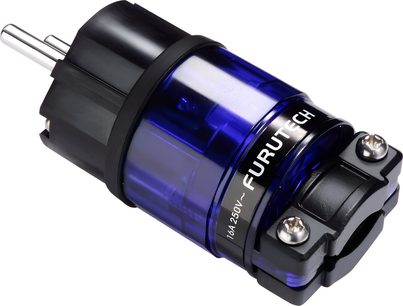 Adattatore di alimentazione Furutech FI-11-N1 (R) in plastica blu traslucida e nera, due perni metallici, vista obliqua