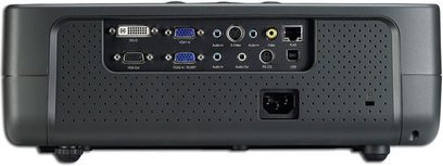 Optoma EP780 videoprojektor, bagside, tilslutningsmuligheder VGA, HDMI, lyd, RS-232, netværk, strømforsyning