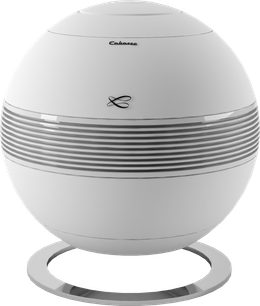 2.1 højttalersæt Cabasse Riga 2 + subwoofer Pearl Sub, hvid ovoid subwoofer med grå horisontale bånd og cirkulært stativ