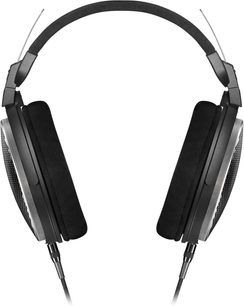 Audio Technica ATH-ADX5000 åben hovedtelefon, sort, set forfra, polstret hovedbøjle, runde gitterede ørepuder, aftagelig kabel