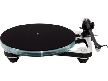 Rega Planar 8 pladespiller med hvidt åbent chassis, sort pladetallerken og sort tonearm, set forfra