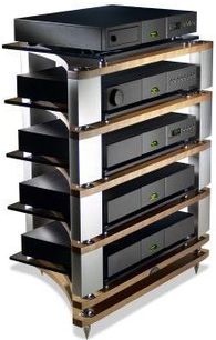 Modular black hi-fi shelf with 5 levels in metal and wood, front perspective view slightly from the side