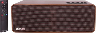 Cassa wireless Enova HIFI VELA V, vista frontale, finitura in legno, griglia anteriore nera, telecomando nero a sinistra
