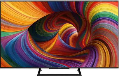 Televisor Panasonic TN-55W90C preto visto de frente, sobre uma base retangular, com espirais multicoloridas no ecrã
